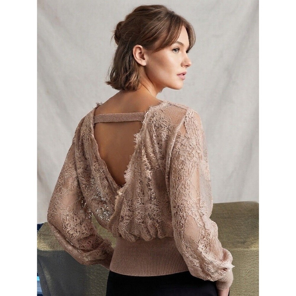 Lulus Romantic Lace Low Back Tan Sweater Small Nude Blush Coquette Knit Top S